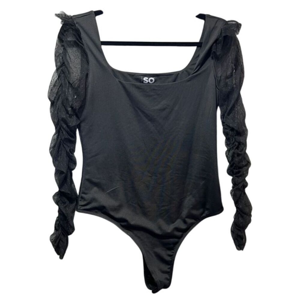 SO Black Bodysuit‎ Square Neck Mesh Ruffle Long Sleeve Top L